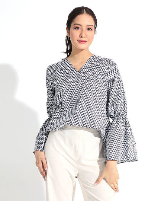 Alana Blouse with Geometry Print in Navy Blue