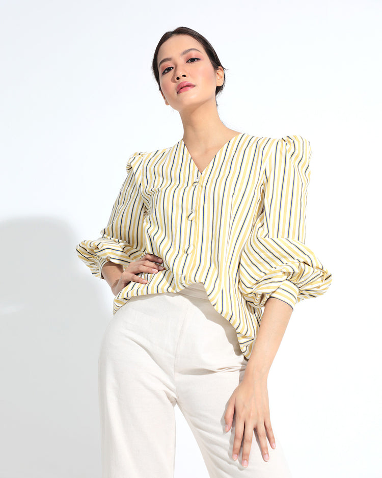 Lisa Puff Shoulder Shirt in Lemon Stripe Print